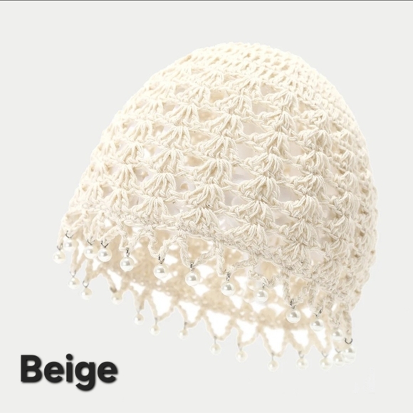 Crochet Beanie Faux Pearl Tassels - Black, Burgundy, Tan, Cream - Picture 5 of 12